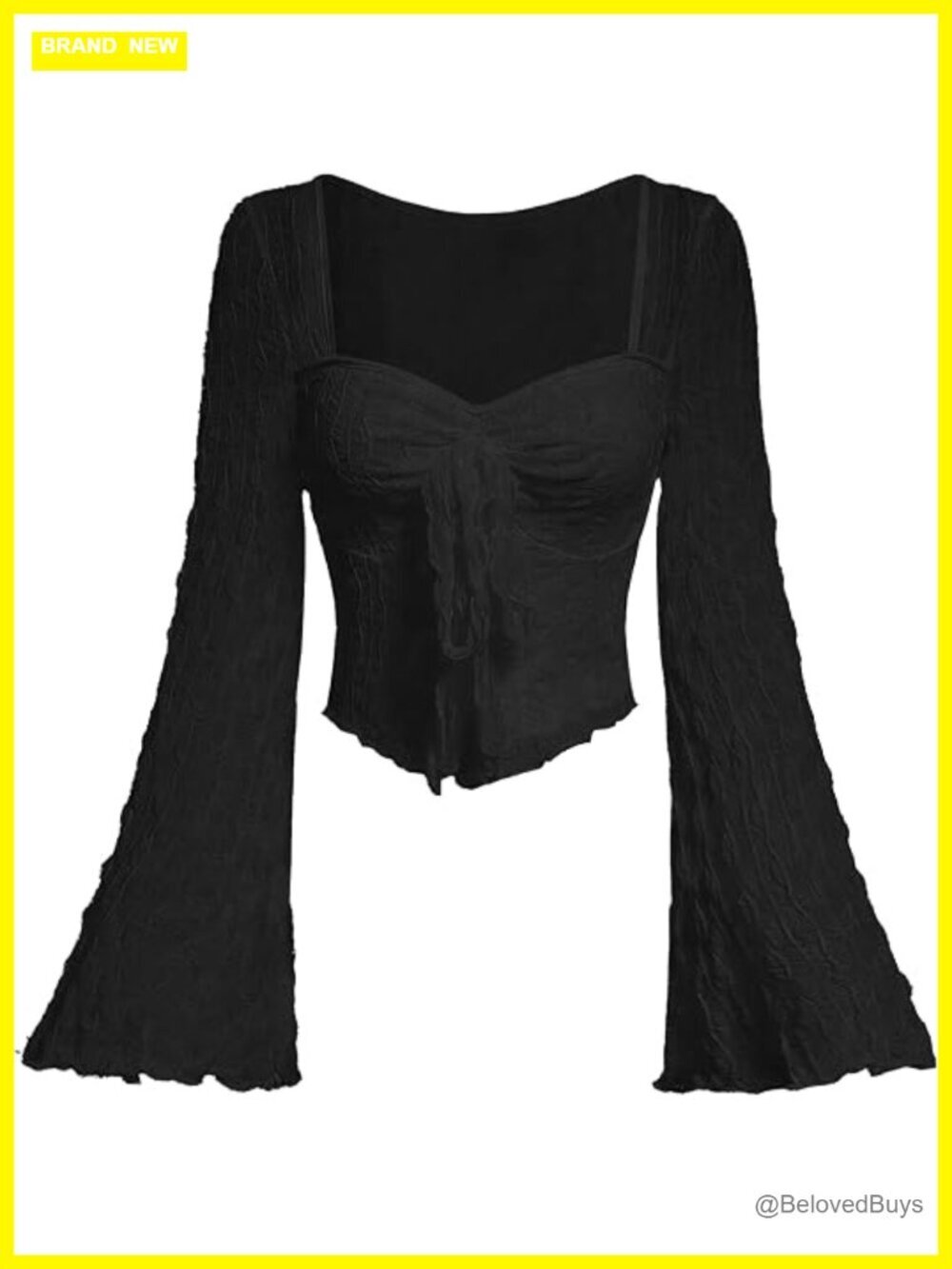 Long Bell Sleeve Crop Top Sweetheart Neck Mesh Tee